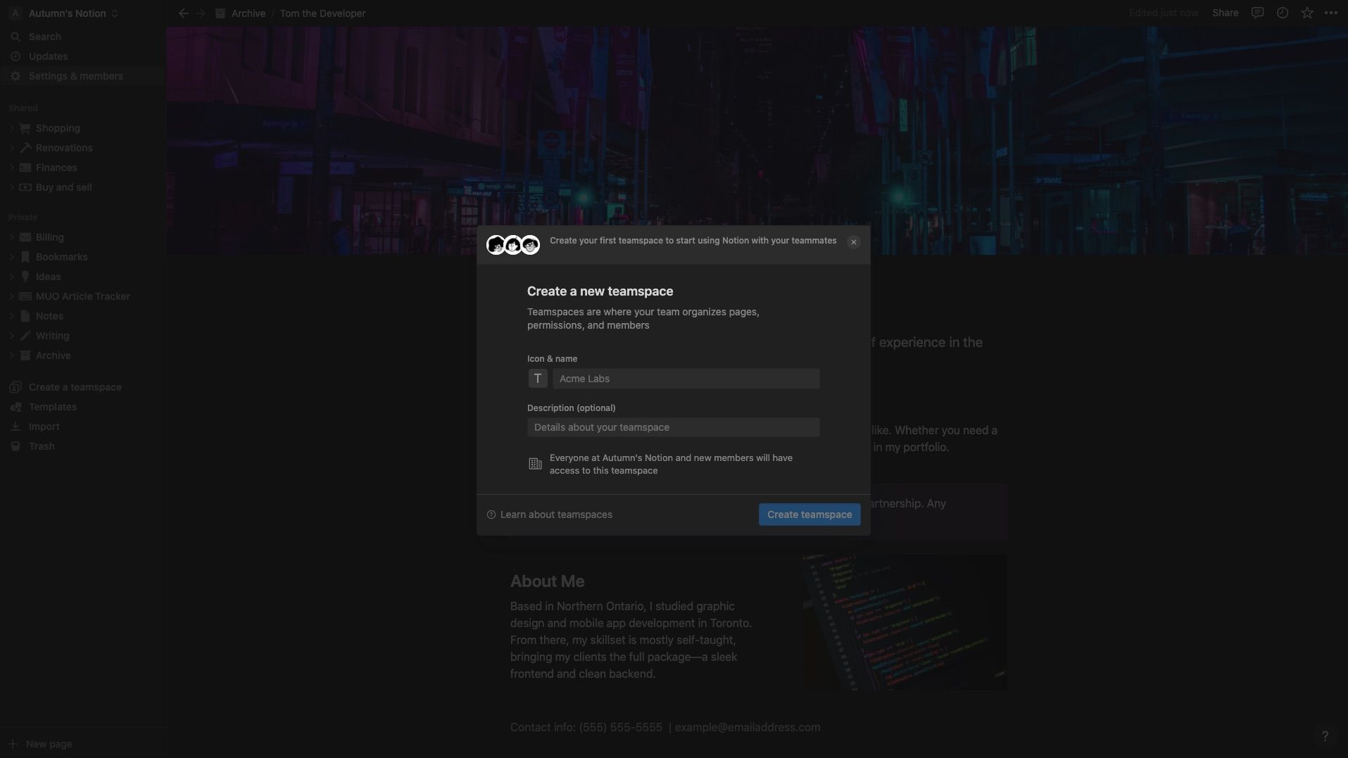 Панель создания Teamspace в Notion