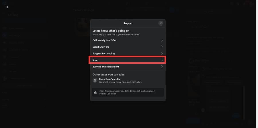 Выбор причины Scam при жалобе
