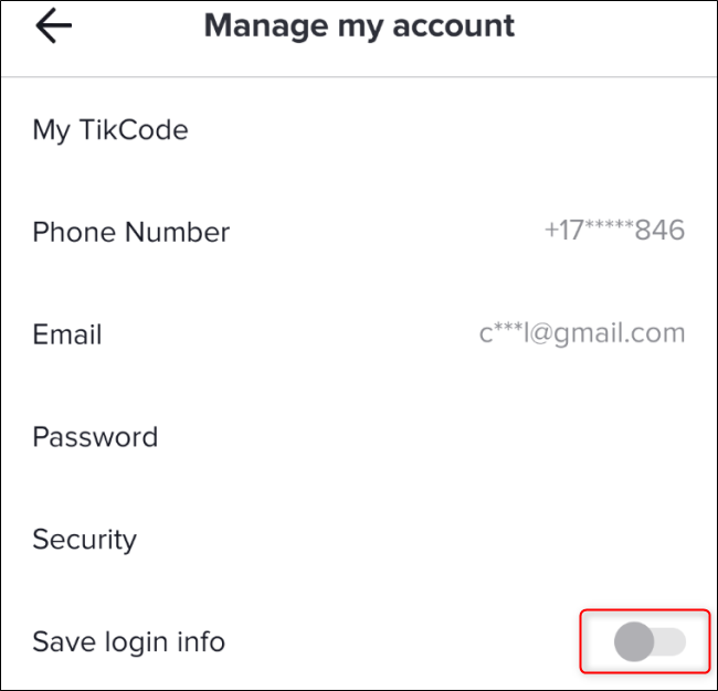 Меню Управление аккаунтом TikTok