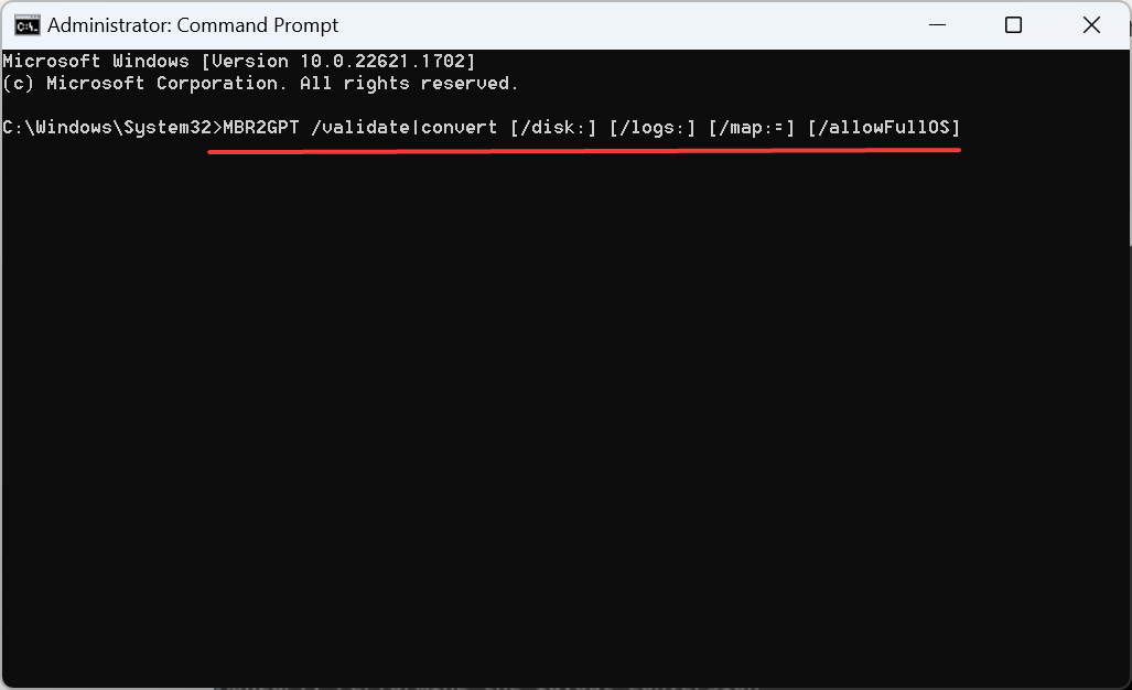 пример команды MBR2GPT в командной строке