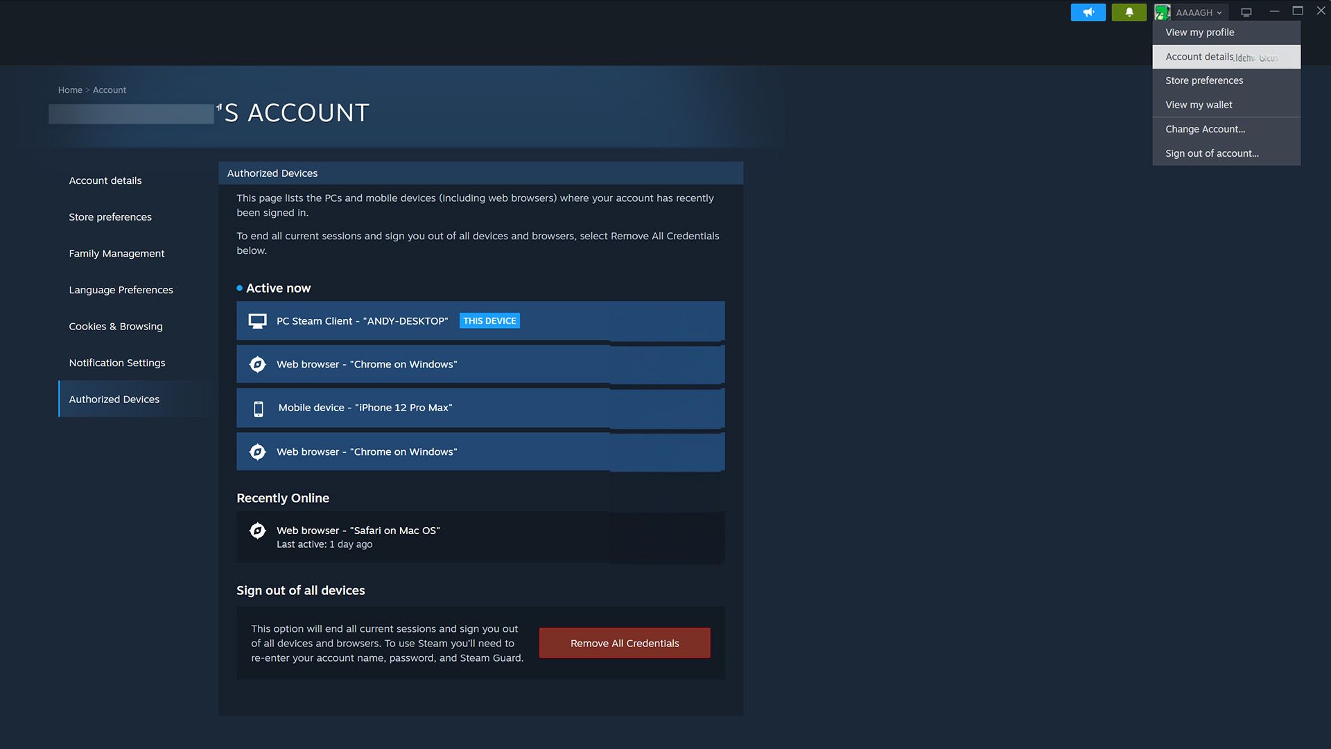 Навигация к списку авторизованных устройств в Steam