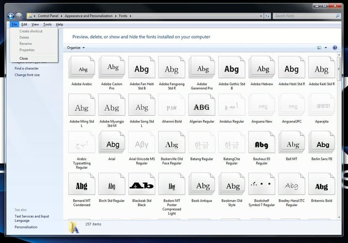 Окно управления шрифтами в Windows