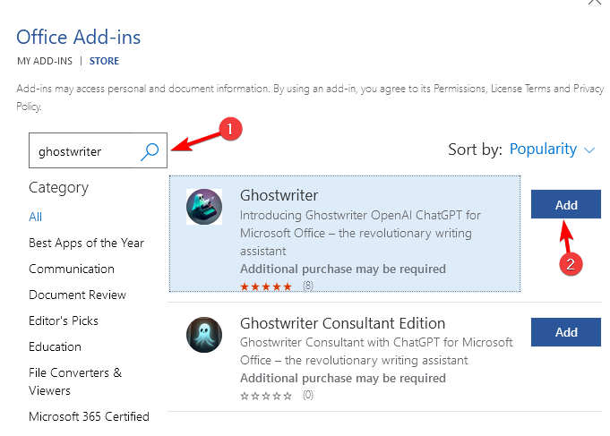 Результат поиска Ghostwritter в магазине надстроек Office 365 и кнопка