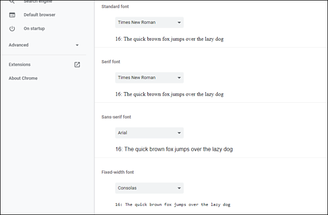 Выбор семейства шрифтов в настройках Chrome
