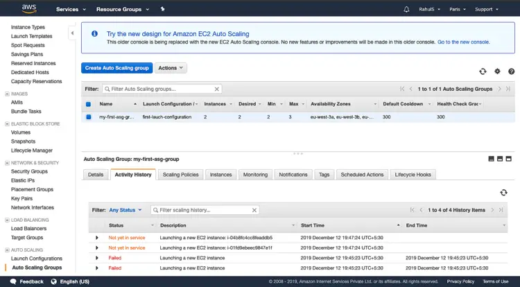 История активности Auto Scaling группы