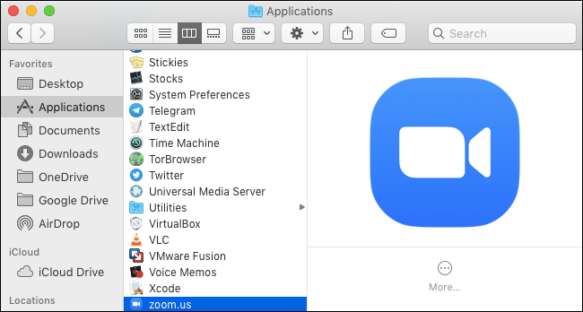 Zoom в папке «Программы» macOS