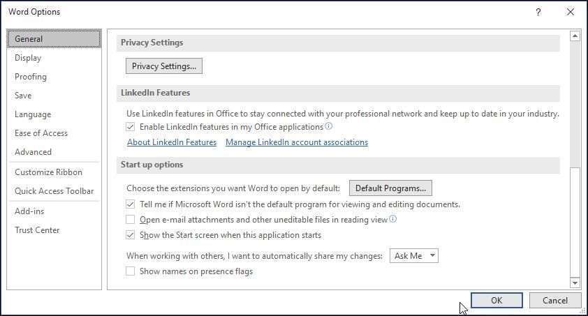 Параметры Общие в Word с опцией открытия вложений в режиме чтения