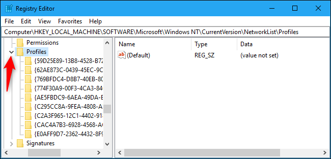 Снимок экрана раздела Profiles в Редакторе реестра с перечнем GUID