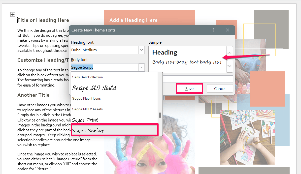 Просмотрите образец выбранных шрифтов и нажмите Сохранить