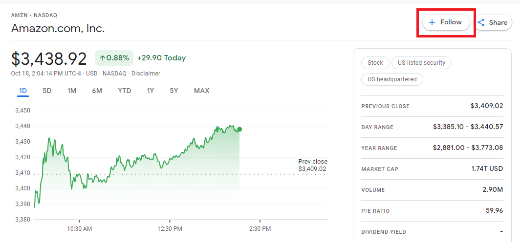 Экран Google Finance: подписка на акцию