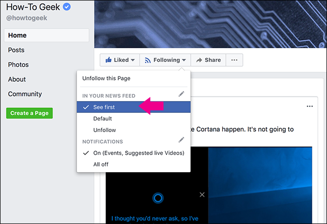 Выбор опции See First в меню подписки страницы Facebook