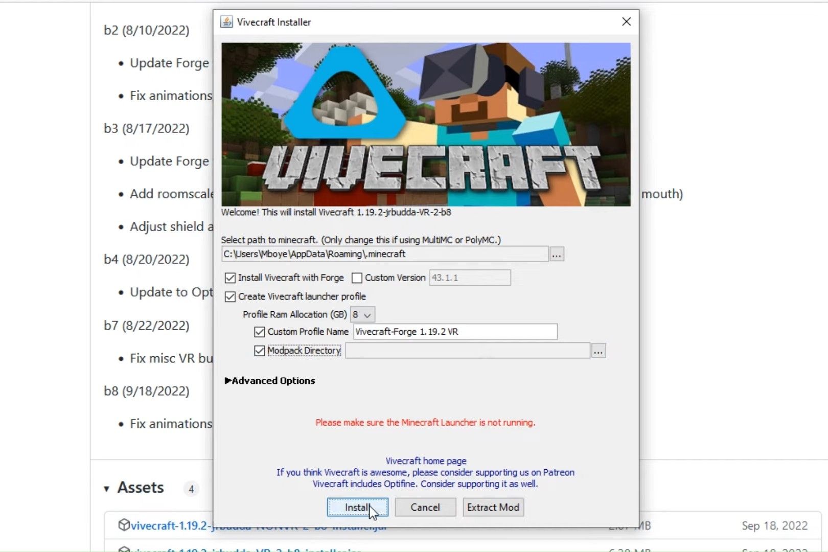 Установка Vivecraft через инсталлятор в лаунчере Minecraft