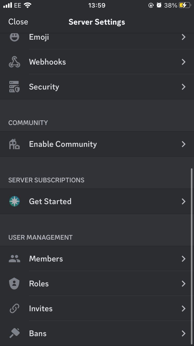 Настройки сервера в мобильном приложении Discord