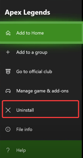 Меню удаления игры на Xbox