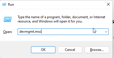 Окно «Выполнить» с командой devmgmt.msc