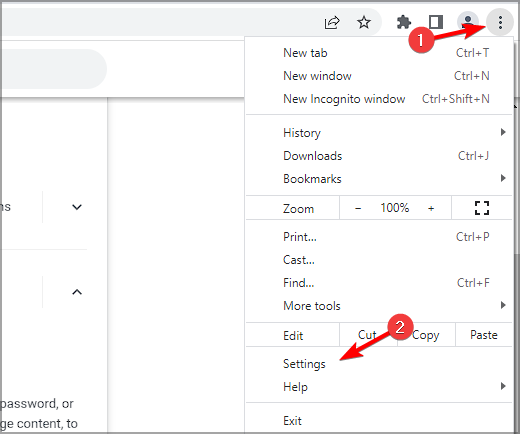 Меню Настройки Chrome