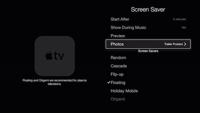 Экран выбора фото для заставки на Apple TV