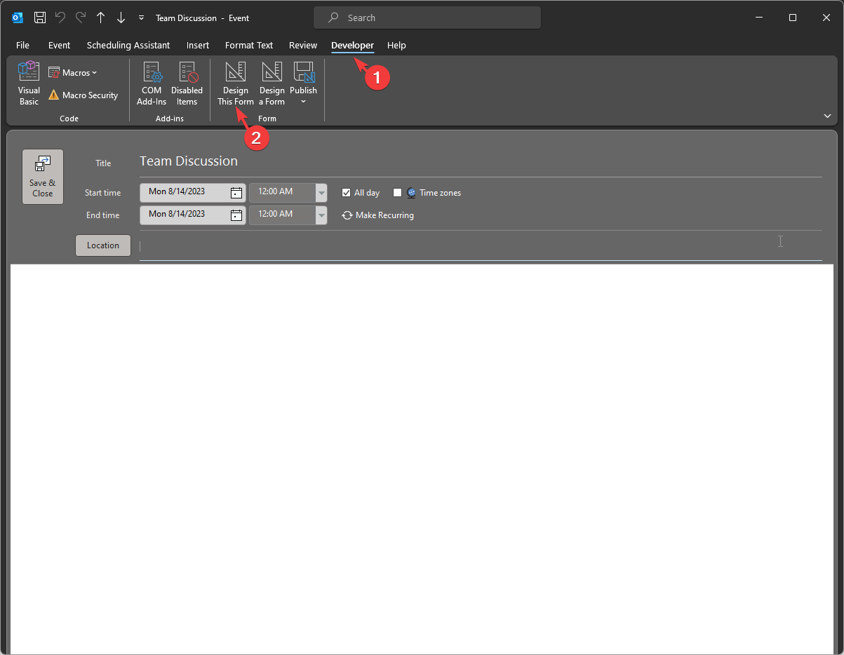 Опция 'Design This Form' на вкладке Разработчик