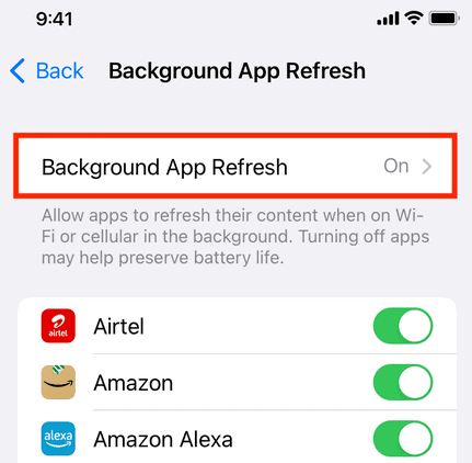 Ajuste de Actualización en segundo plano en Ajustes del iPhone