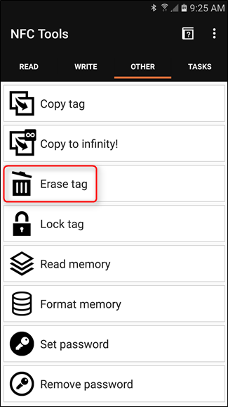 Стирание NFC метки: экран приложения NFC Tools