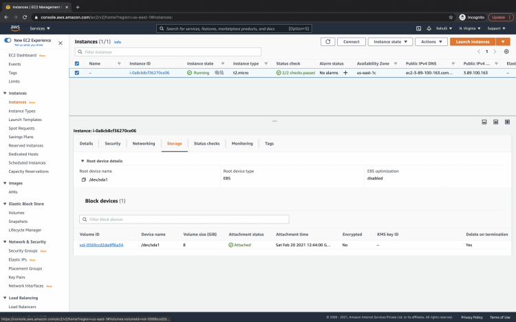Список томов EC2 с выбранным томом