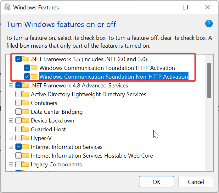 Включение компонентов .NET Framework 3.5