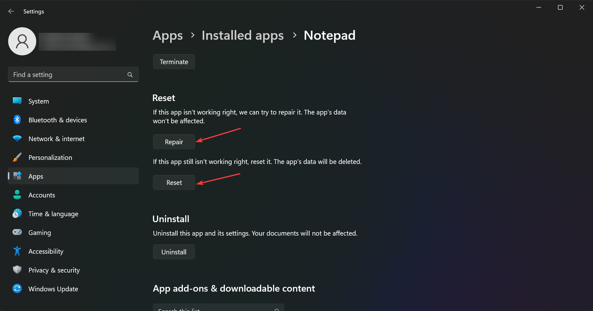 Кнопка Восстановить для приложения