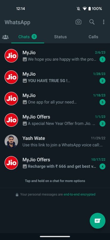 Экран чатов WhatsApp на Android