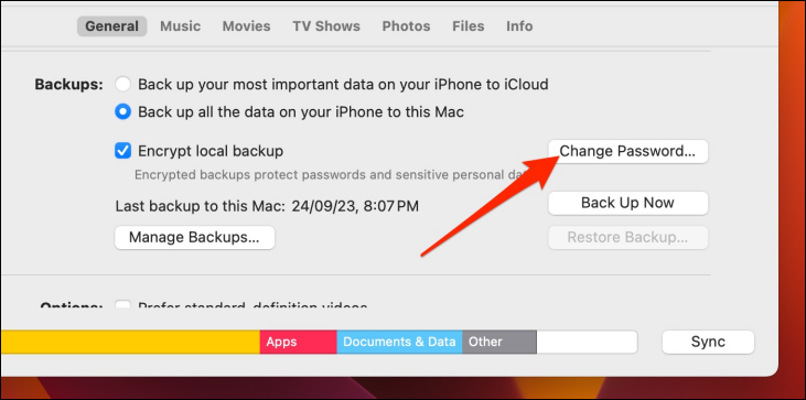 Нажать Change Password в окне iPhone Finder