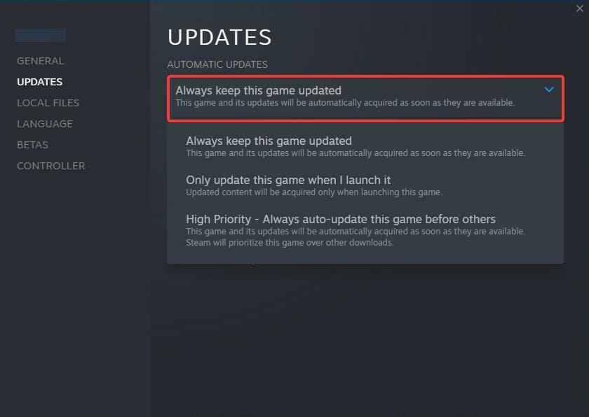 Опция 'Всегда обновлять эту игру' в Steam