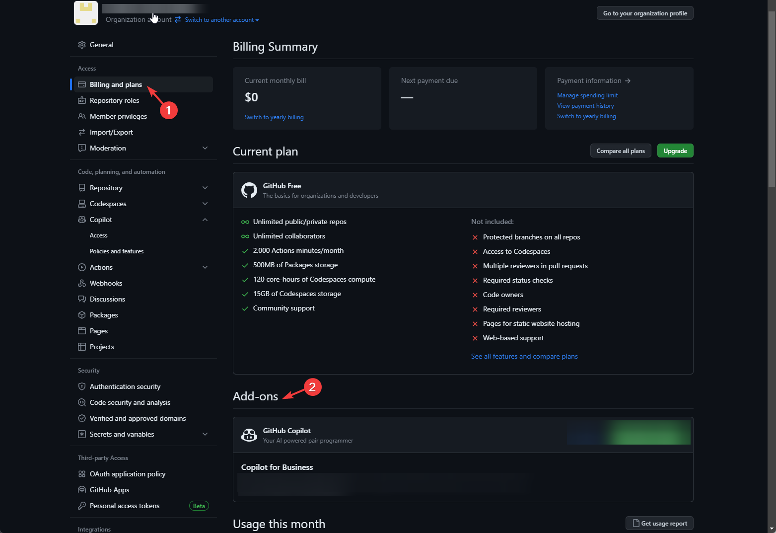 Раздел «Billing and plans» на странице организации и блок «Add-on» для GitHub Copilot