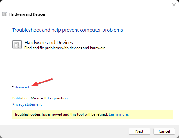 Кнопка Advanced в средстве устранения неполадок оборудования