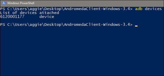 Вывод команды adb devices, подтверждающий наличие устройства