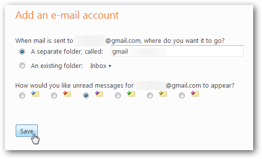 Hotmail: выбор папки и значка для входящих писем добавленной учётной записи