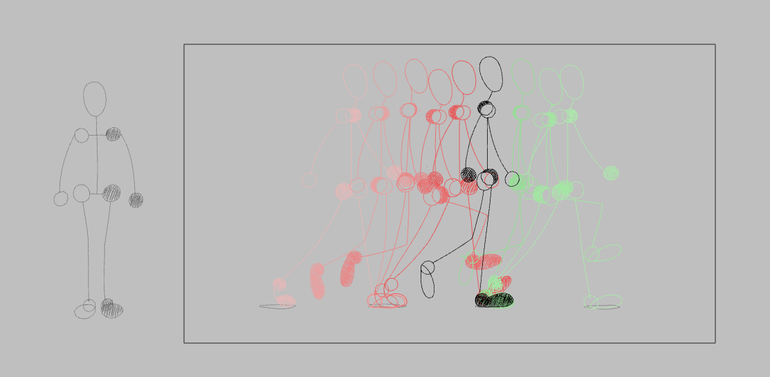 Линейка персонажей в разных позах цикла ходьбы