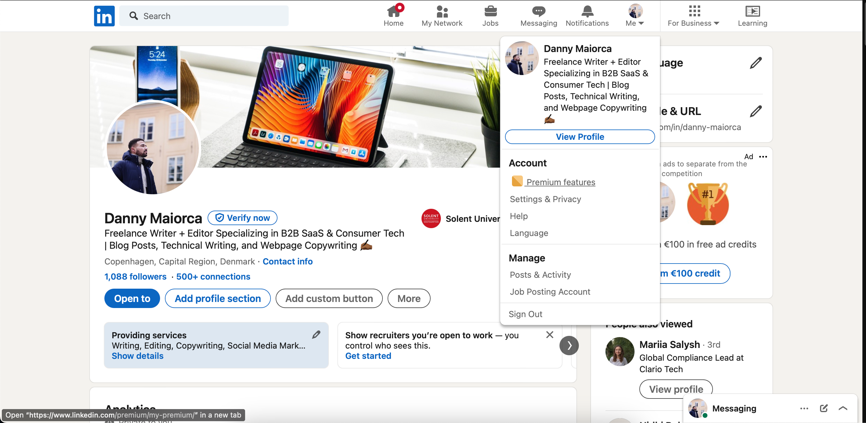 Доступ к Premium функциям LinkedIn через выпадающее меню