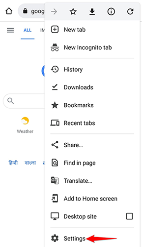 Нажмите «Настройки» в мобильном меню Chrome.