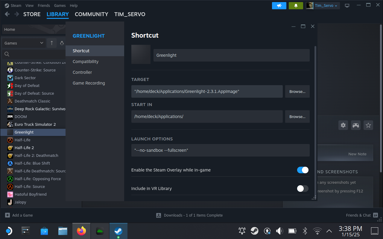 Редактирование свойств Greenlight в Steam.
