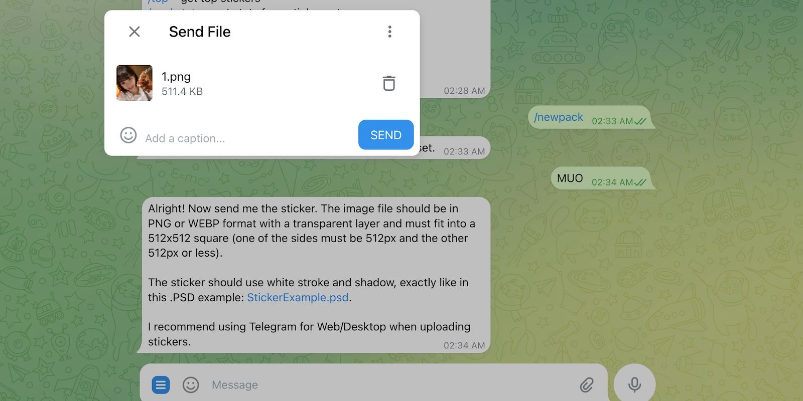 Загрузка нового стикера: селфи девушки в Telegram