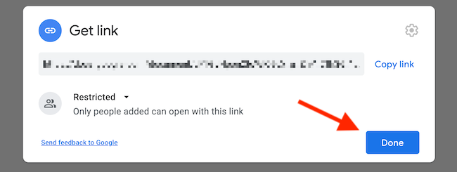 Кнопка «Готово» после отключения доступа по ссылке
