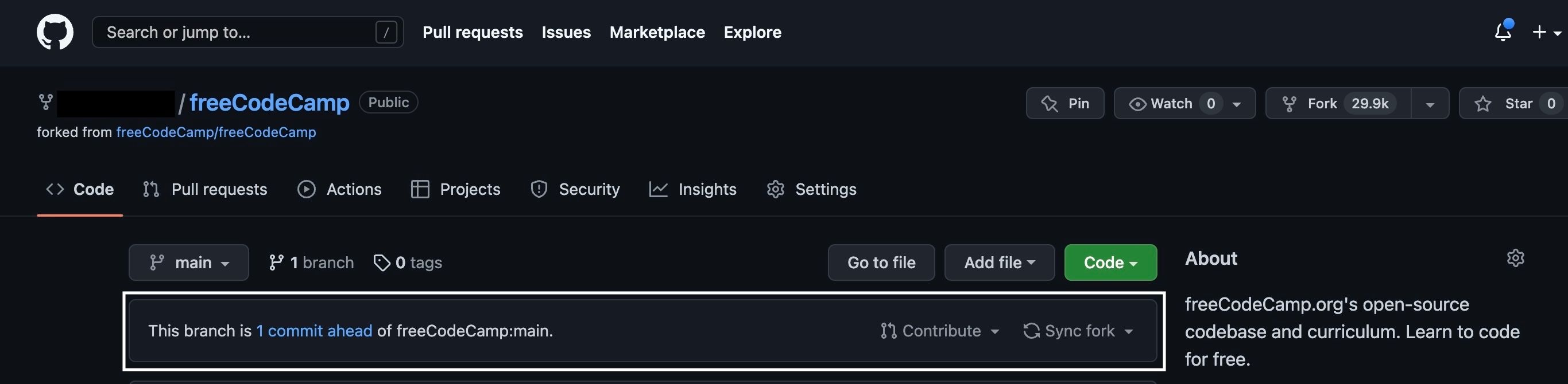 Сообщение GitHub о том, что форк опережает upstream