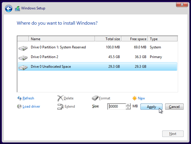 Процесс установки Windows на отдельный раздел