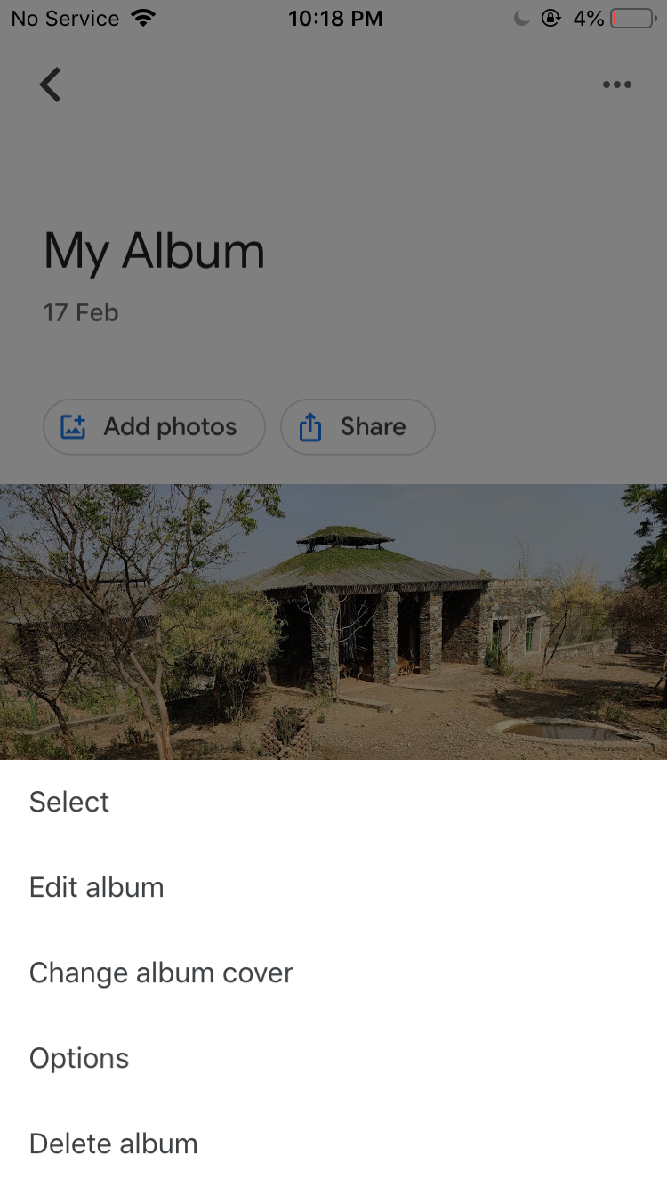 Удаление альбома в Google Photos на iOS
