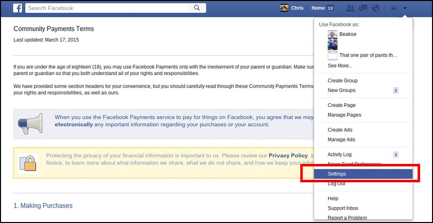 Меню настроек Facebook