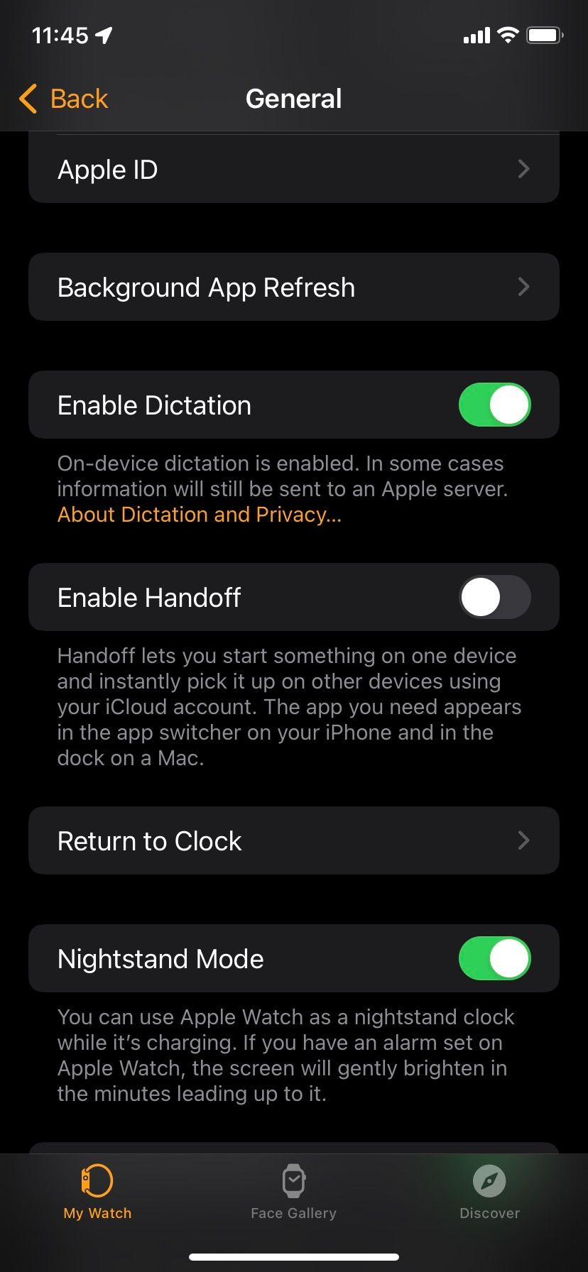 General settings on Watch app.