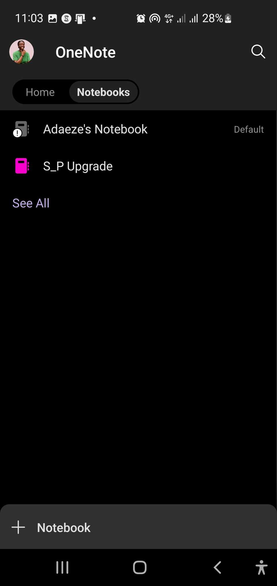Вкладка блокнотов OneNote на мобильном устройстве