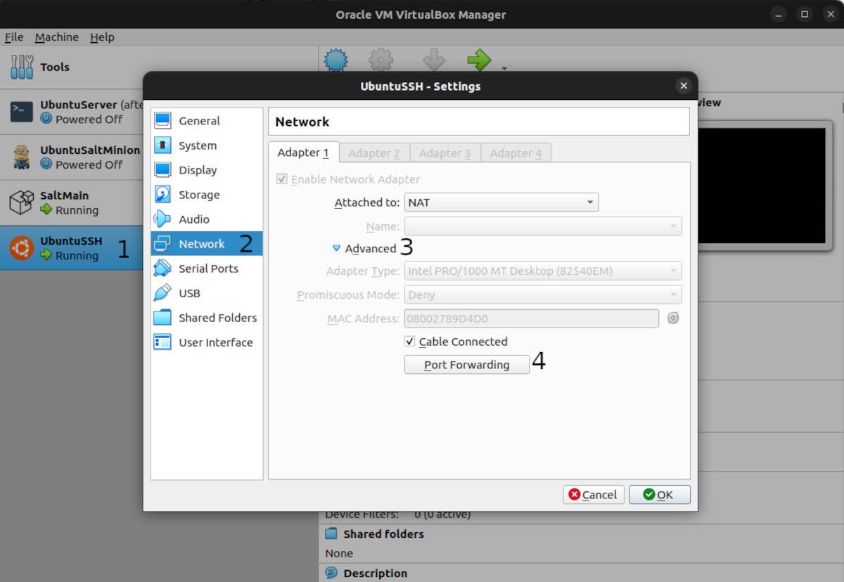 Выбор настроек сети и правил проброса портов в VirtualBox