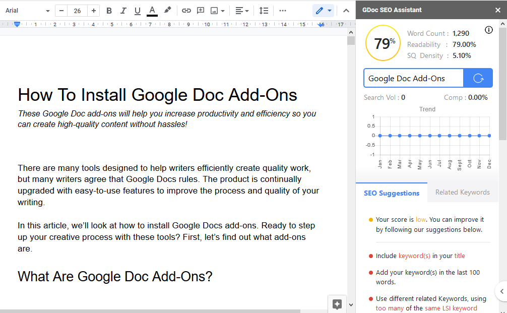 Анализ SEO в GDoc SEO Assistant с метриками видимости
