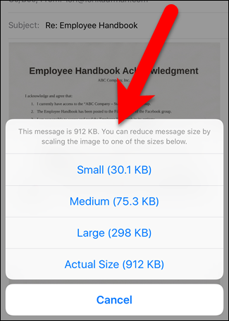 Выбор размера изображения при отправке