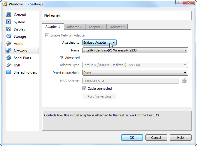 Параметры сети VirtualBox для мостового подключения
